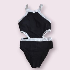 NWT Black and white one piece side cutout halter swimsuit, XL